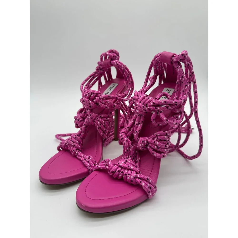 Steve Madden Fiore Pink Rope Lace Up Stiletto Sandals Heels Womens 7M Pink Multi